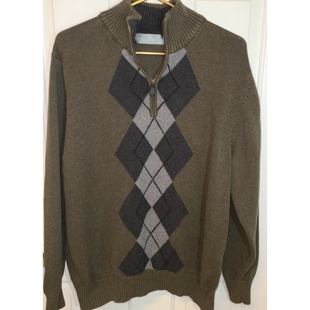 Oscar De La Renta Men's Olive Argyle 1/4 Zip Mock Cotton Sweater Sz L Preppy